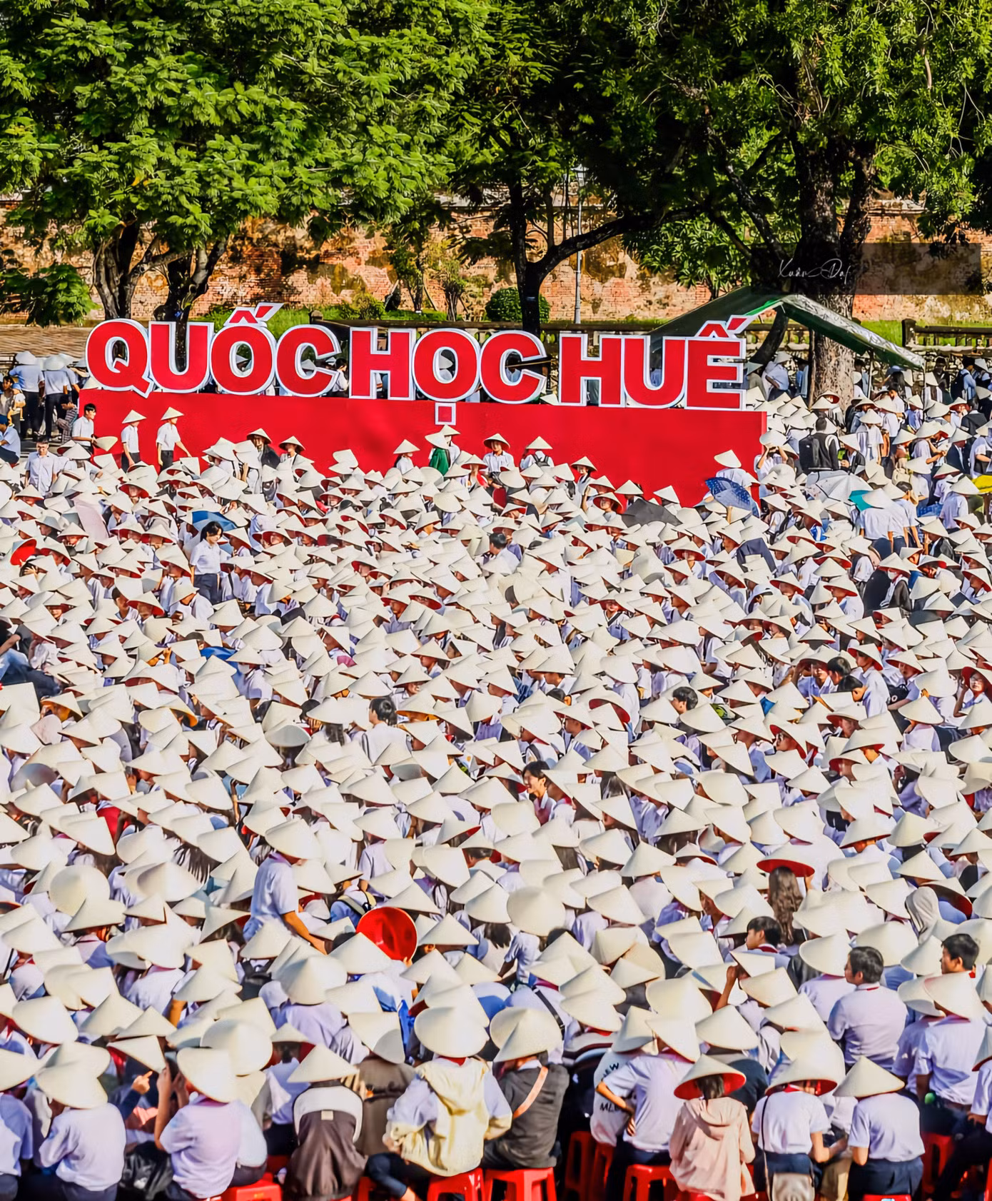 "Rừng" nón lá đặc trưng xứ Huế được tạo nên bởi hàng nghìn học sinh là cổ động viên của chương trình. Ảnh: Xuân Đạt