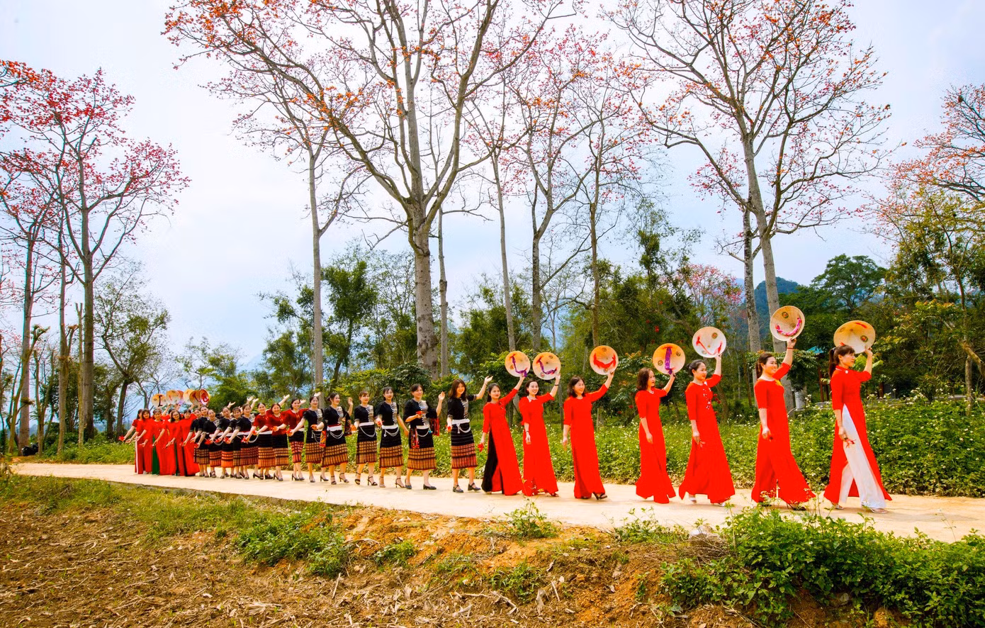 Những cây hoa gạo với vẻ đẹp giản dị luôn thu hút du khách, những cô gái đến chiêm ngưỡng. (Ảnh: Rạng Đông)