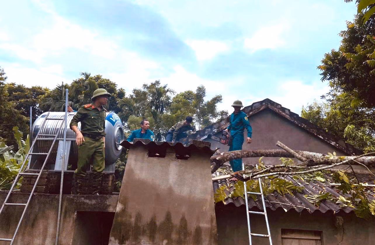 Mưa lớn khiến cây xanh đổ vào mái nhà người dân, các đoàn viên thanh niên phối hợp lực lượng chức năng đến khắc phục hậu quả.