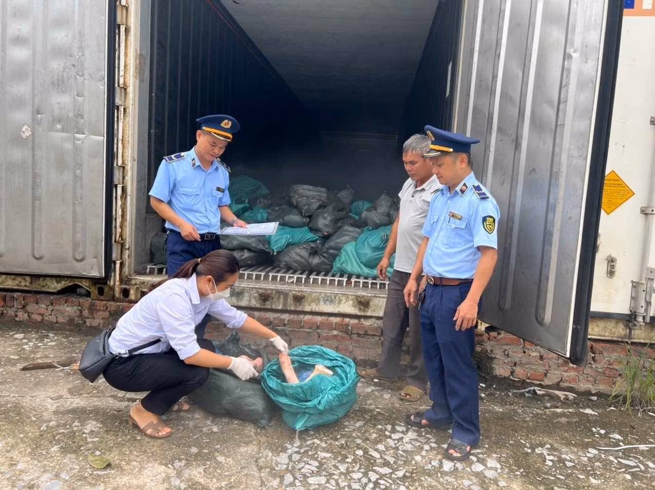 Lực lượng chức năng tiến hành lập biên bản, thu giữ trên 1.5 tấn chân giò lợn ôi thiu. Ảnh: Duy Chiến