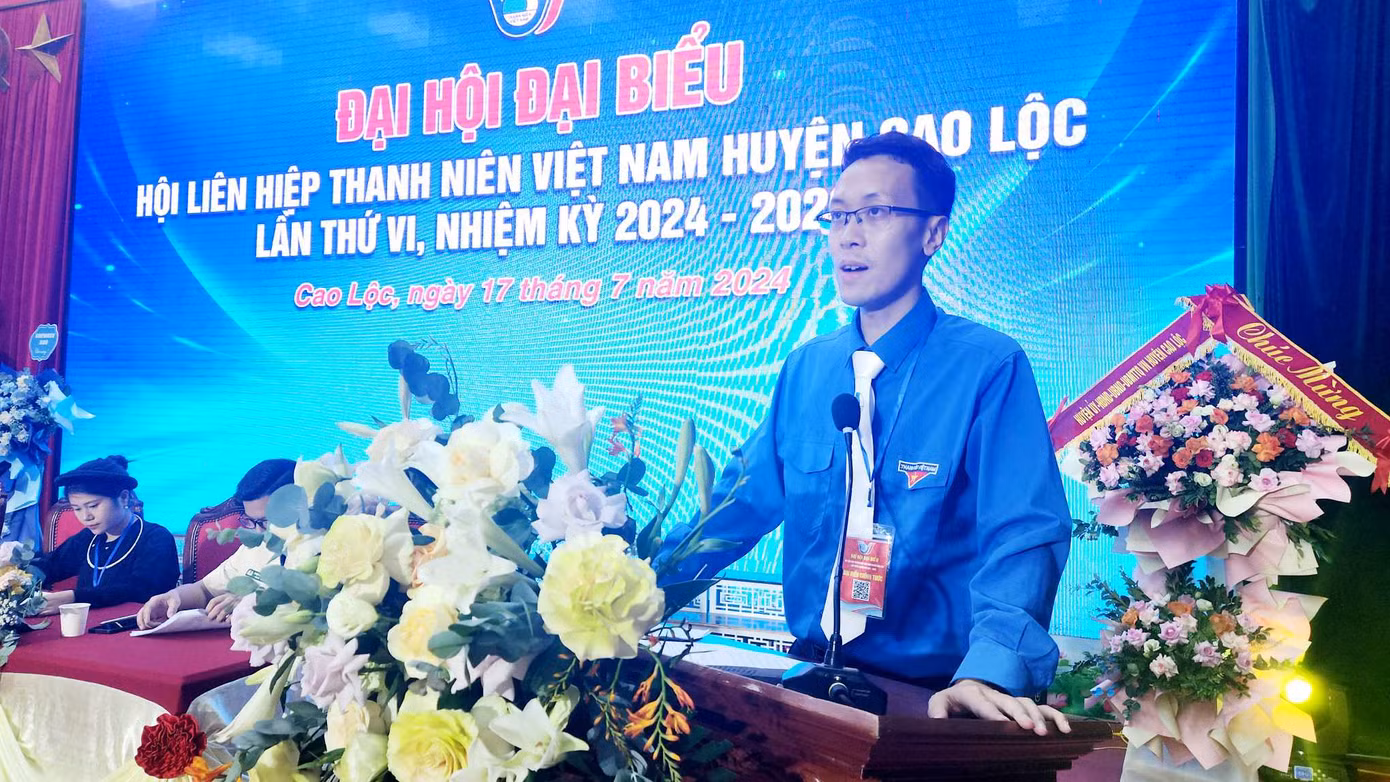 Anh Phạm Lê Minh - tân Chủ tịch Hội LHTN Việt Nam huyện Cao Lộc tỉnh Lạng Sơn phát biểu tại Đại hội.