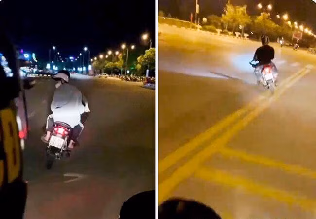 Hình ảnh các đối tượng lạng lách đánh võng, thách thức sự truy đuổi của công an (ảnh cắt Clip của Công an thành phố Lạng Sơn).