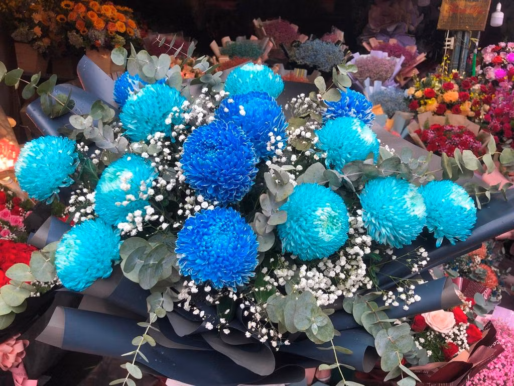 Giỏ hoa cúc Mẫu đơn có màu xanh đặc trưng có giá 1,7 triệu đồng chờ khách đón về nhà.