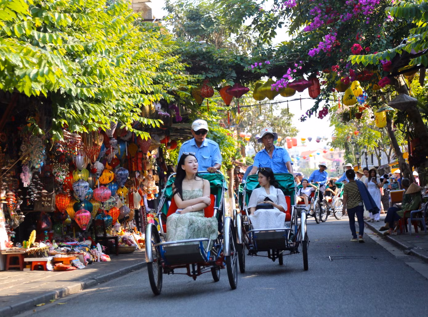Nắng tháng 3 nhẹ nhàng hắt lên những mái nhà cổ, bức tường cổ khiến màu sắc trở nên vàng ươm bên những giàn hoa giấy khoe sắc rực rỡ.