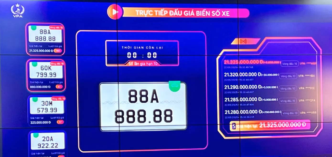 Biển số xe ô tô 88A-888.88 có giá trúng đấu giá hơn 21 tỷ đồng. Ảnh chụp màn hình.