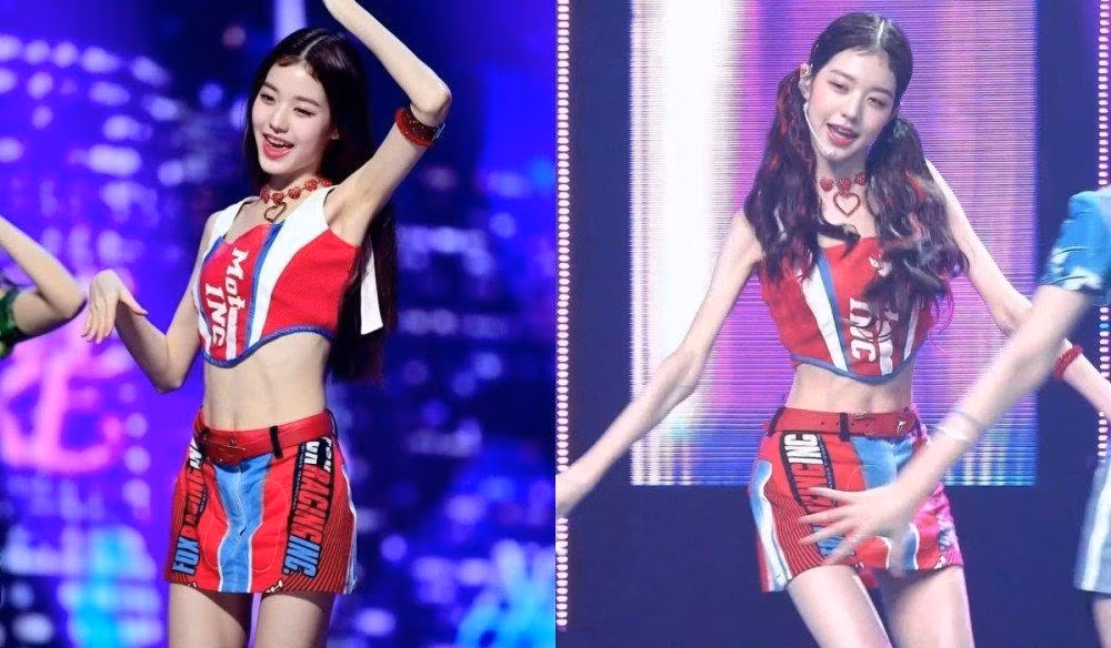 Trong video, Won Young mặc set áo crop-top và váy ngắn cho thấy cánh tay tong teo, xương xẩu. Vòng eo của cô cũng mỏng đến mức lộ rõ xương sườn. Ảnh: Chụp màn hình.