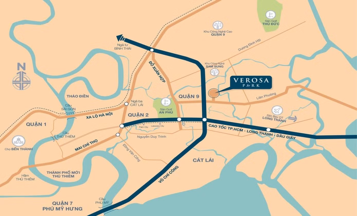 Verosa Park tọa lạc gần vòng xoay Liên Phường – Võ Chí Công, Phường Phú Hữu, TP.Thủ Đức; đến Quận 1 chỉ 15 phút và 20 phút đến KĐT Phú Mỹ Hưng.