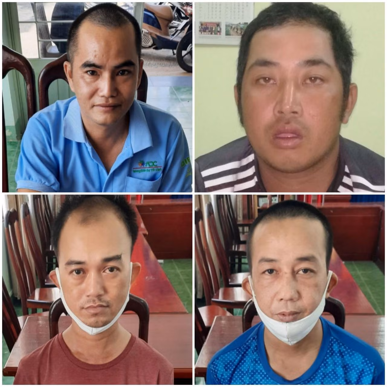 Các bị can Linh (áo xanh), Minh (áo đen), Lê (áo nâu) và Sang.