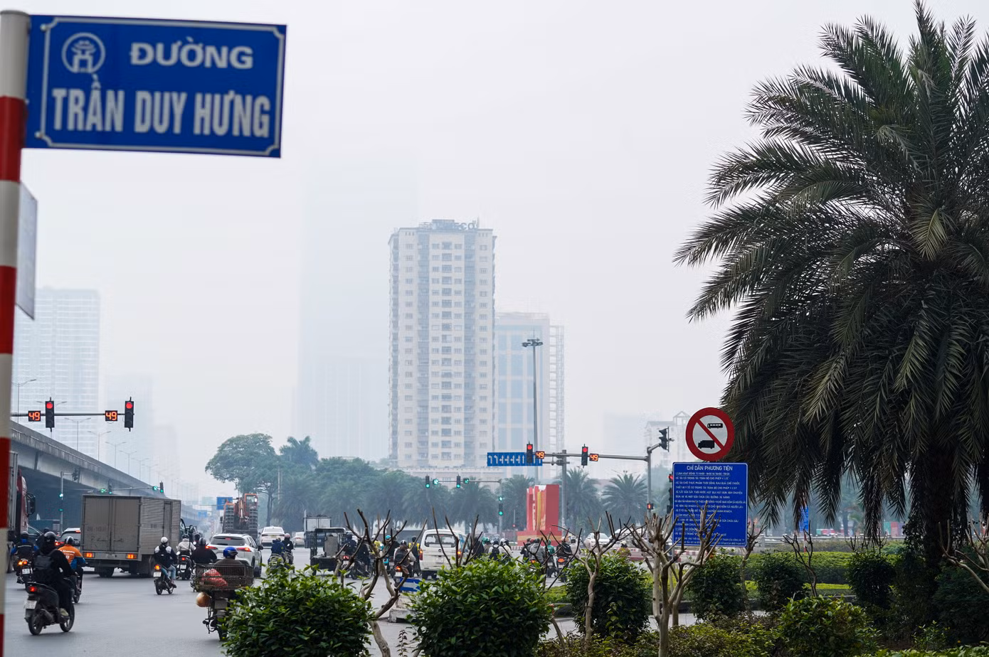 Biển chỉ dẫn tại khu vực nút giao Đại lộ Thăng Long - Trần Duy Hưng bị che khuất bởi cành cây.