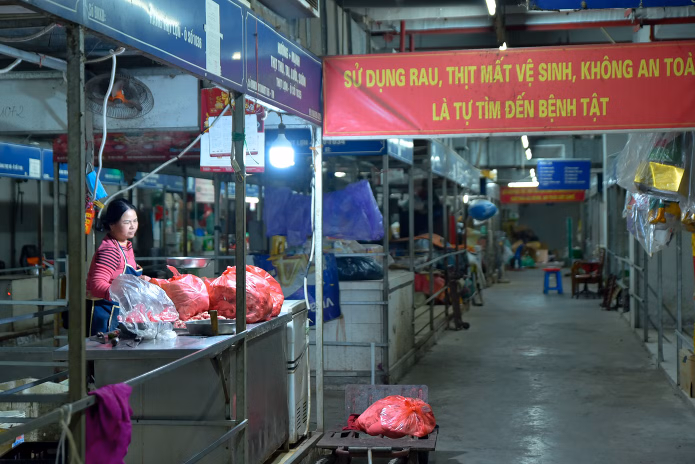 Chủ ki ốt bán thịt heo, chị Nguyễn Hường cho biết, chưa bao giờ tình trạng buôn bán khó khăn như hiện tại. "Năm nay, dịp gần Tết rồi mà vẫn không có khách, ngày chỉ lác đác vài người mua. Xung quanh tôi nhiều người cũng bỏ, không đến bán ở chợ. Giờ đóng ki ốt thì tôi cũng không biết làm nghề gì kiếm sống, cố bám trụ ở đây kiếm cái ăn qua ngày", chị Hường chia sẻ.