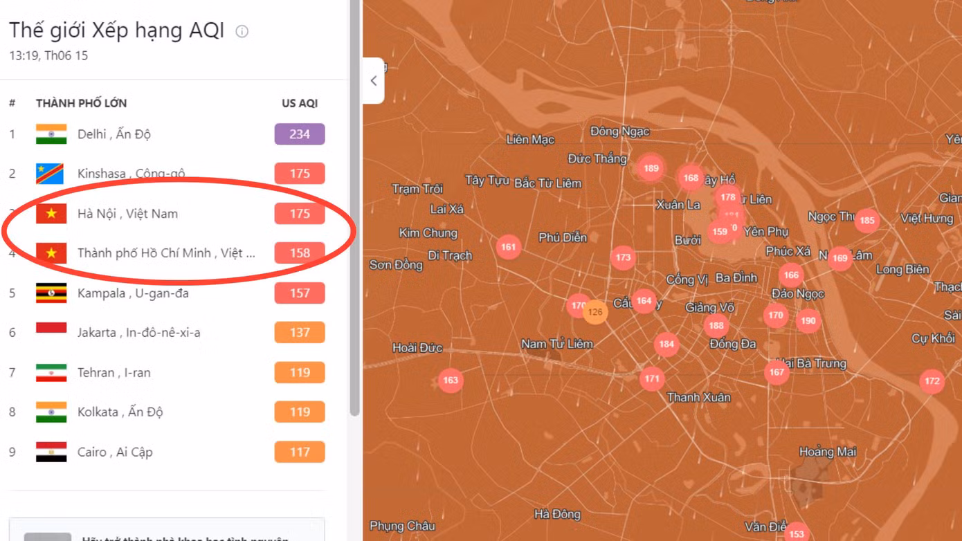 Chỉ số chất lượng không khí (AQI) ở Hà Nội 13 giờ hôm nay (15/6) đạt ngưỡng 175, ô nhiễm không khí đứng thứ 3 thế giới. Trong bảng xếp hạng này có cả Thành phố Hồ Chí Minh đứng thứ 4 với chỉ số 158. (Ảnh:IQAir)