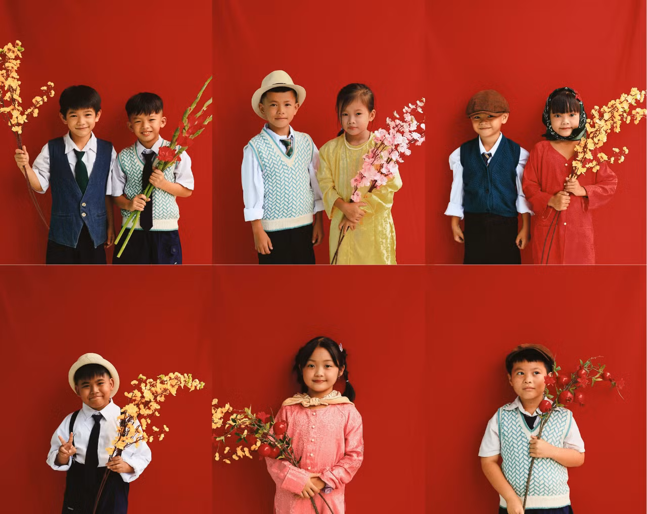 Các em nhỏ mặc áo bà ba, áo gile và cầm nhành mai, hoa ly... tạo dáng chụp ảnh chân dung.