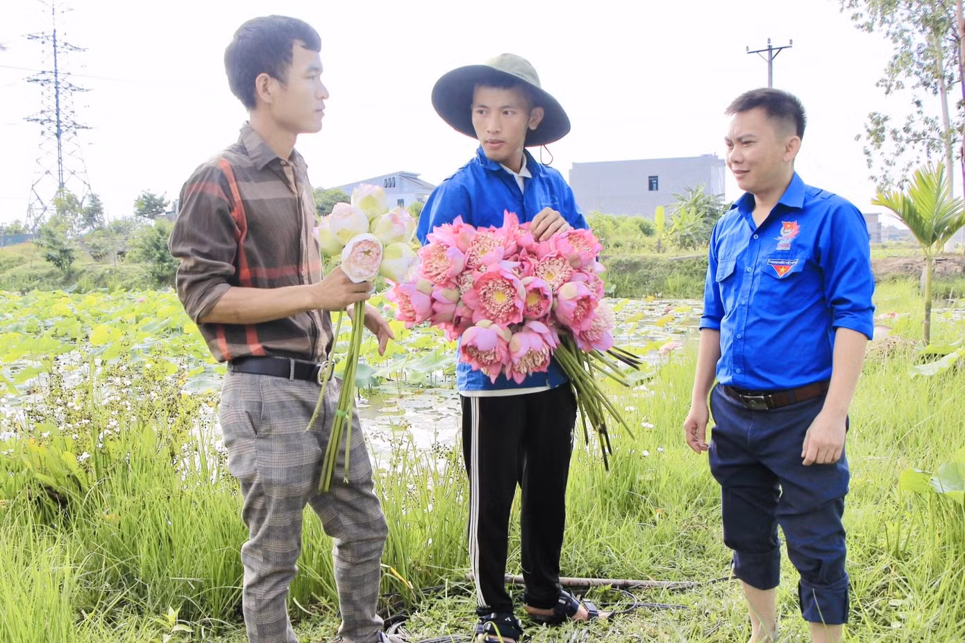 Nguyễn Văn Hòe (giữa) trao đổi kinh nghiệm trồng sen.