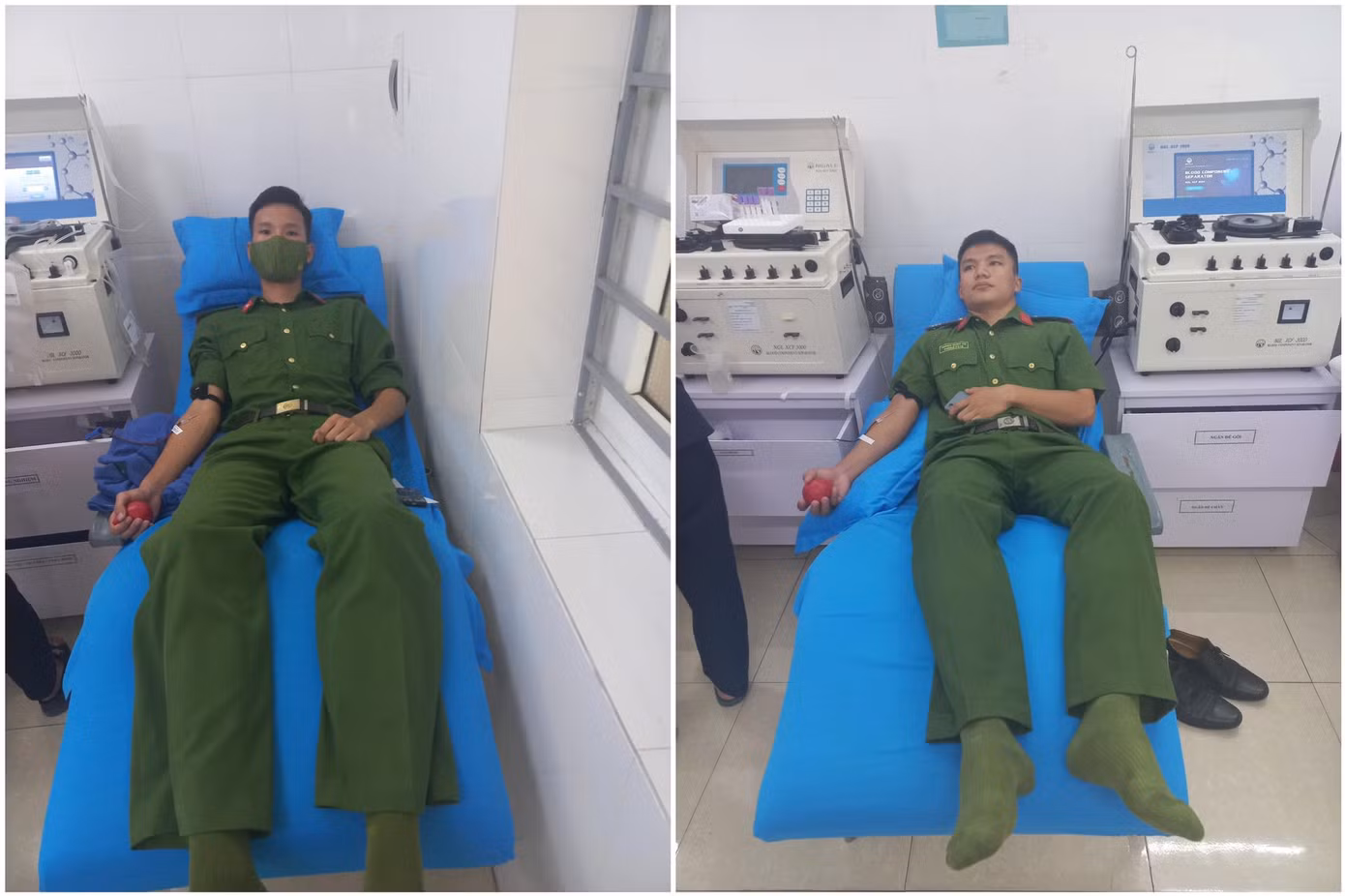 Trung sĩ Hoàng Quốc An và hạ sĩ Lê Thanh Đạt, đoàn viên Phòng PC10 Công an tỉnh Nghệ An tham gia hiến máu.
