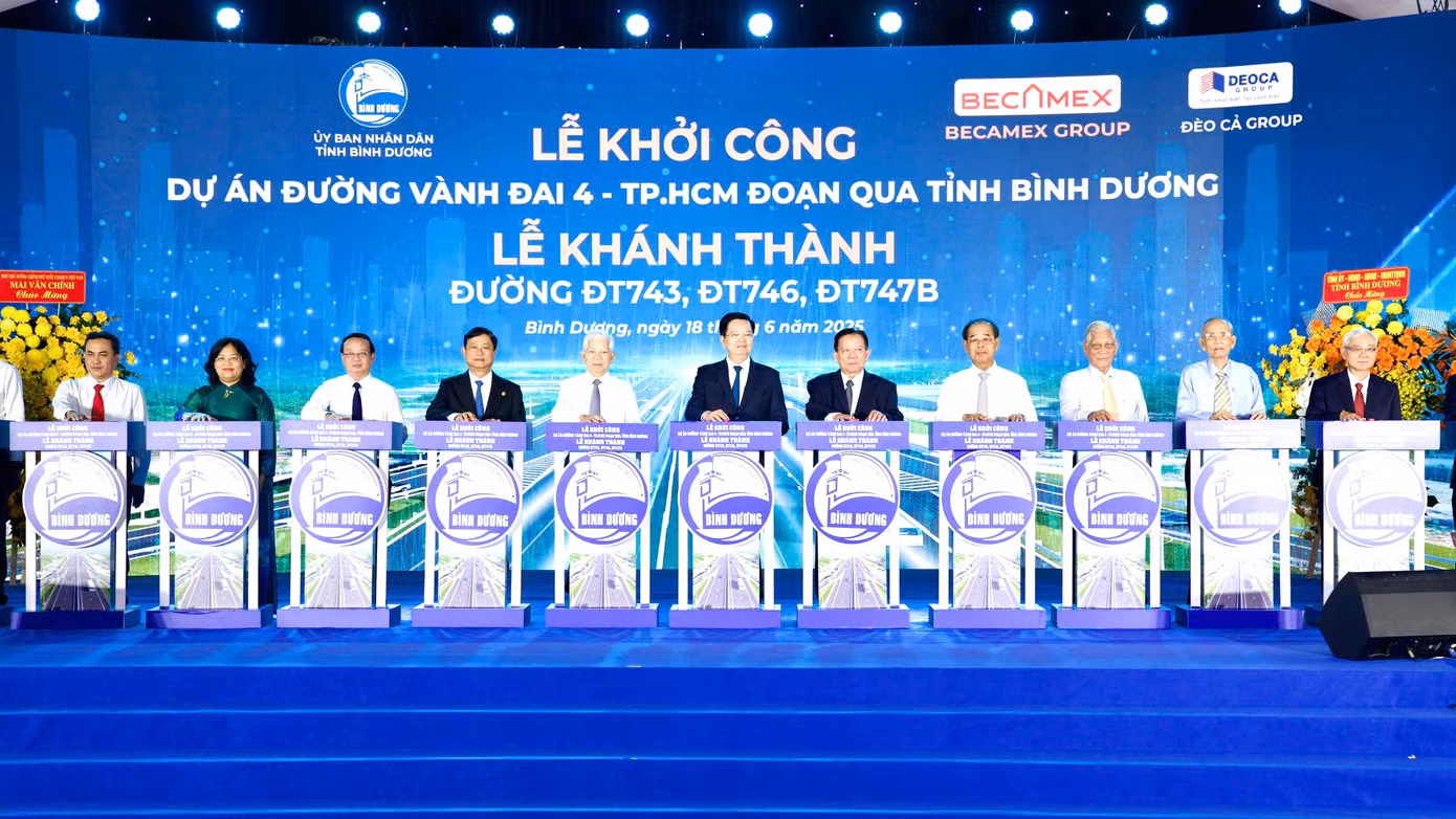 Các đại biểu thực hiện nghi thức khởi công đường Vành đai 4 TPHCM đoạn qua Bình Dương