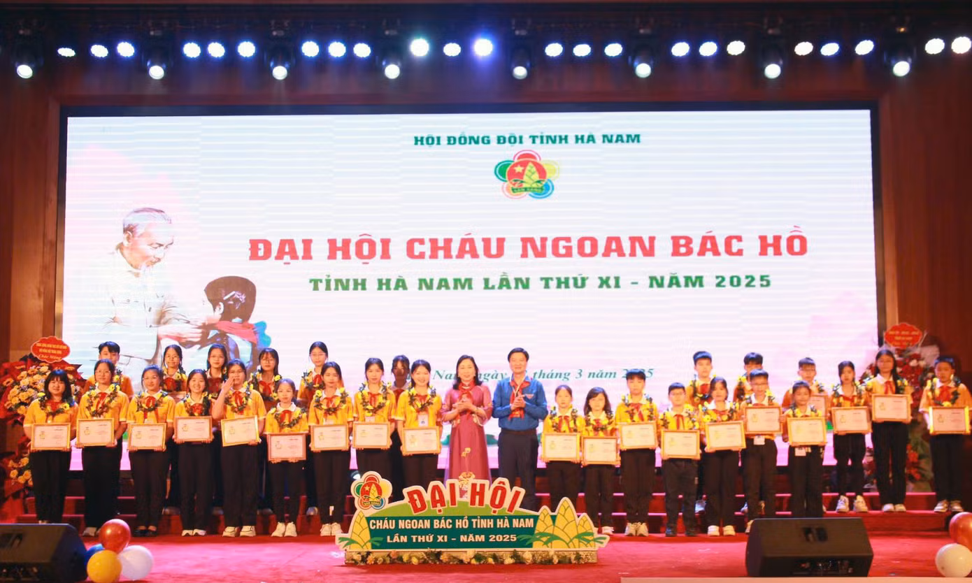 Dịp này, Hội đồng Đội tỉnh Hà Nam tuyên dương, khen thưởng 120 cháu ngoan Bác Hồ cấp tỉnh. Ảnh: BTC