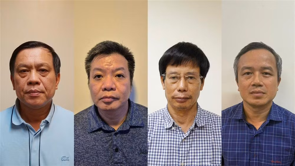 Các bị can (từ trái qua phải): Nguyễn Bá Hoan, Tống Hải Nam, Nguyễn Gia Liêm, Phạm Viết Hương.