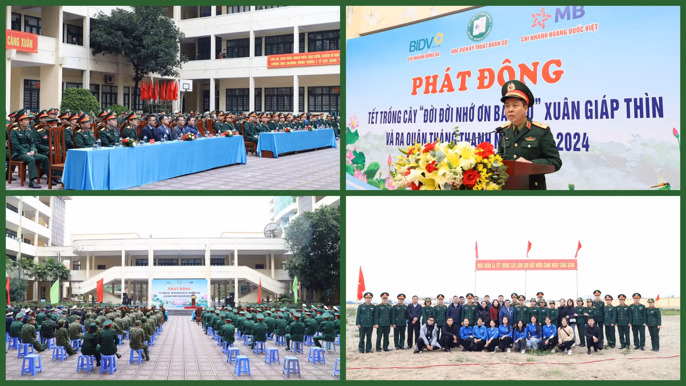 Đại biểu lãnh đạo, khách mời và cán bộ, đoàn viên, giáo viên, nhân viên, học viên, chiến sĩ trong Học viện Kỹ thuật Quân sự tham dự phát động Tết trồng cây đời đời nhớ ơn Bác Hồ và ra quân Tháng Thanh niên năm 2024.