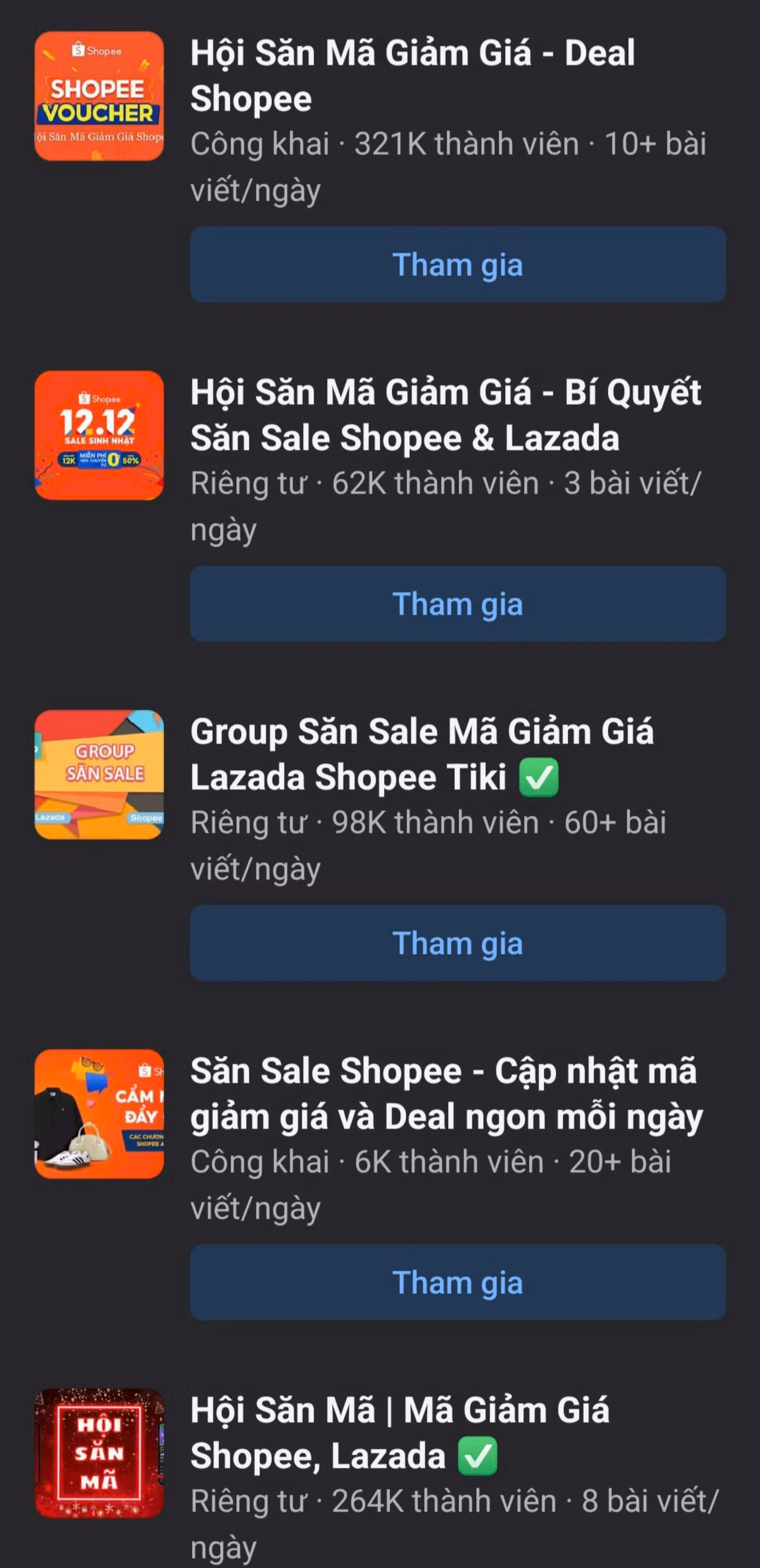 Hàng loạt những hội nhóm săn sale có mặt trên Facebook. (Ảnh chụp màn hình)