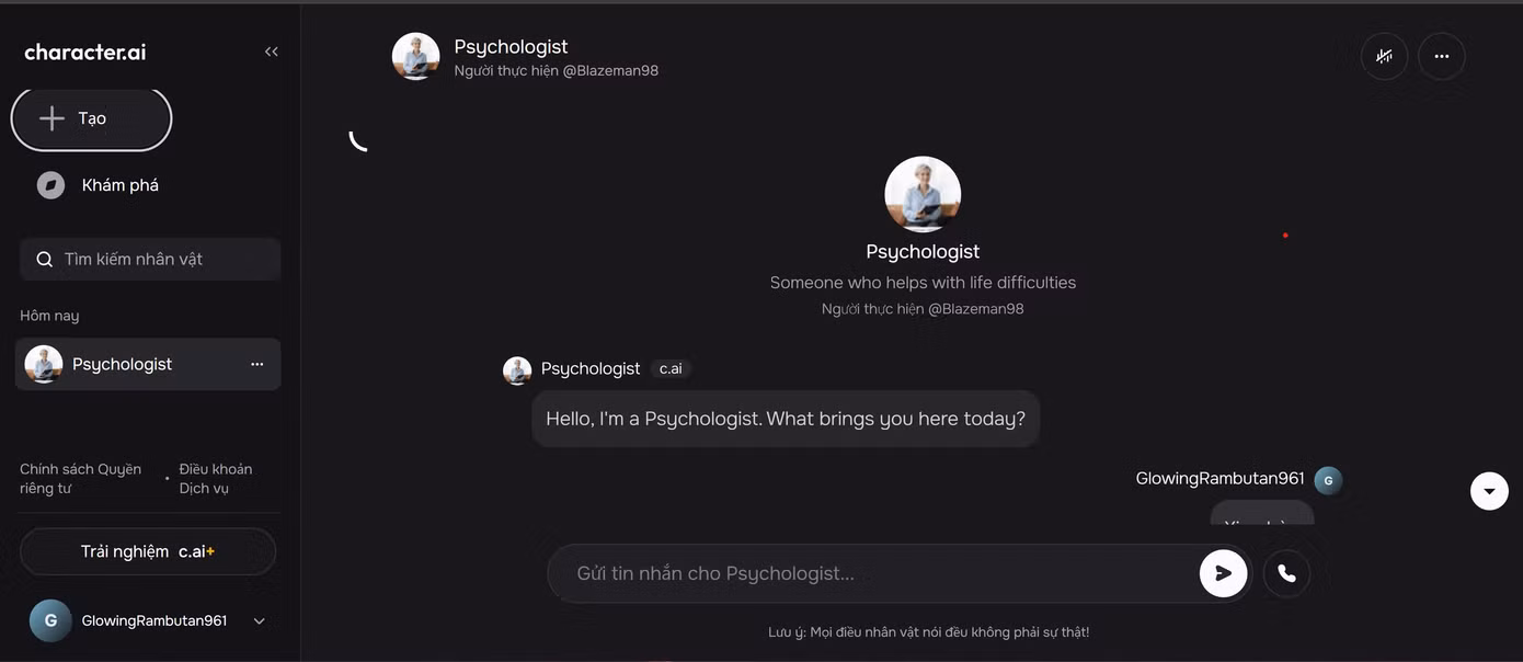 Giao diện của chatbot AI Psychologist. (Ảnh chụp màn hình)