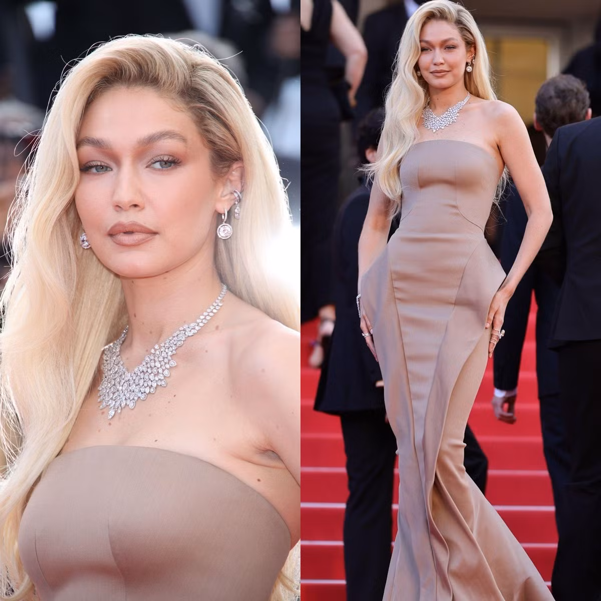 Gigi Hadid chọn make-up tông nâu lạnh matching với thiết kế của Zac Posen.