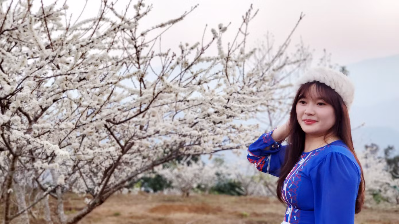 Một bạn trẻ vượt 20 km từ TP. Lai Châu đến chụp ảnh tại vườn mận.