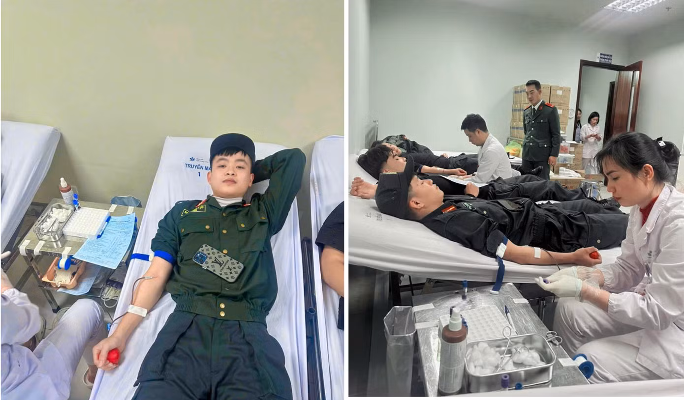 Cán bộ, chiến sĩ Cảnh sát cơ động đặc nhiệm Công an Hà Nội đã tình nguyện tham gia hiến máu khẩn cấp.