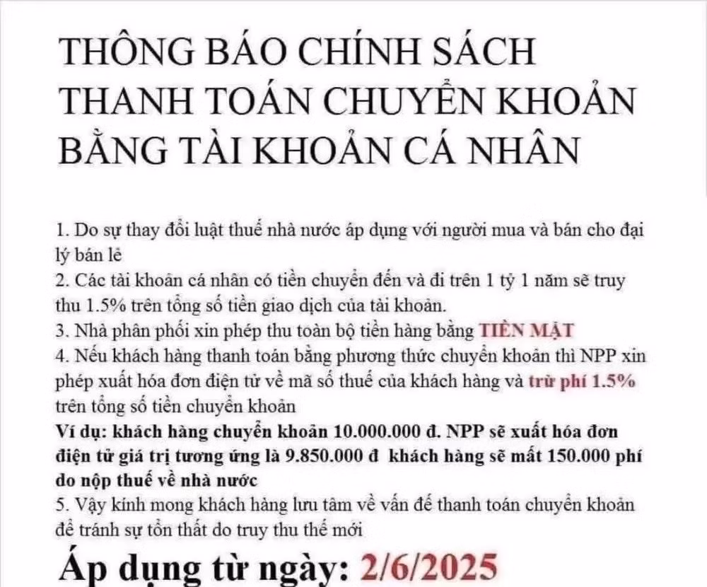 Thông báo giao dịch bằng tiền mặt, nếu chuyển khoản thu thêm 1,5% thuế từ ngày 2/6.
