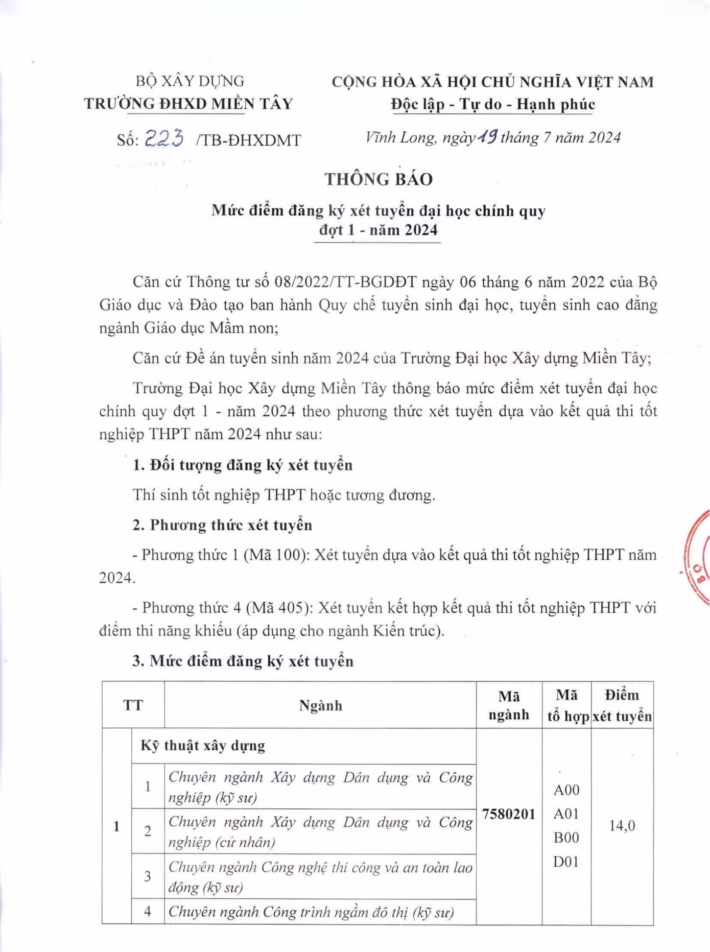 Thông báo điểm sàn của Trường ĐH Xây dựng Miền Tây