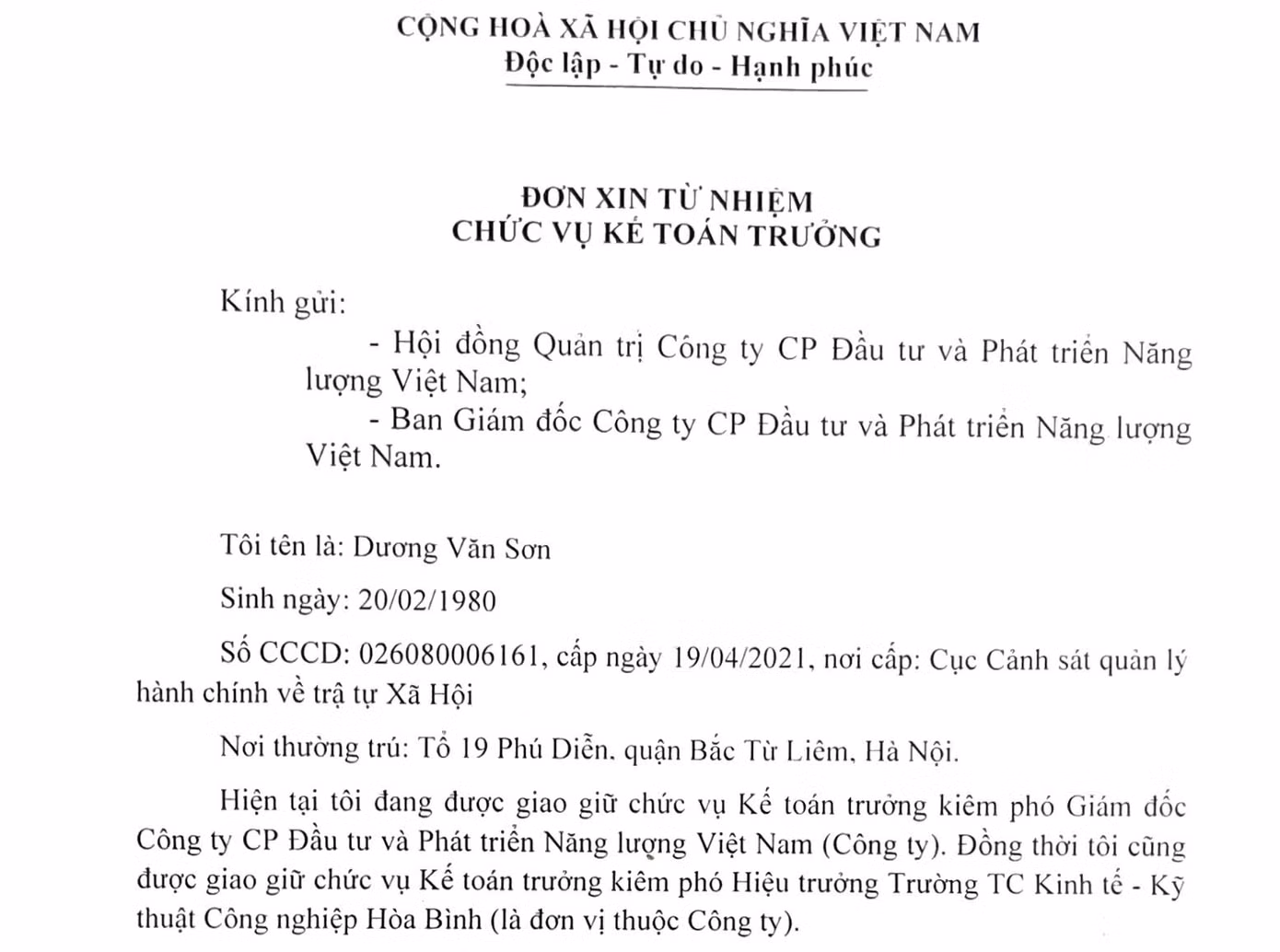 Đơn từ nhiệm của ông Dương Văn Sơn.