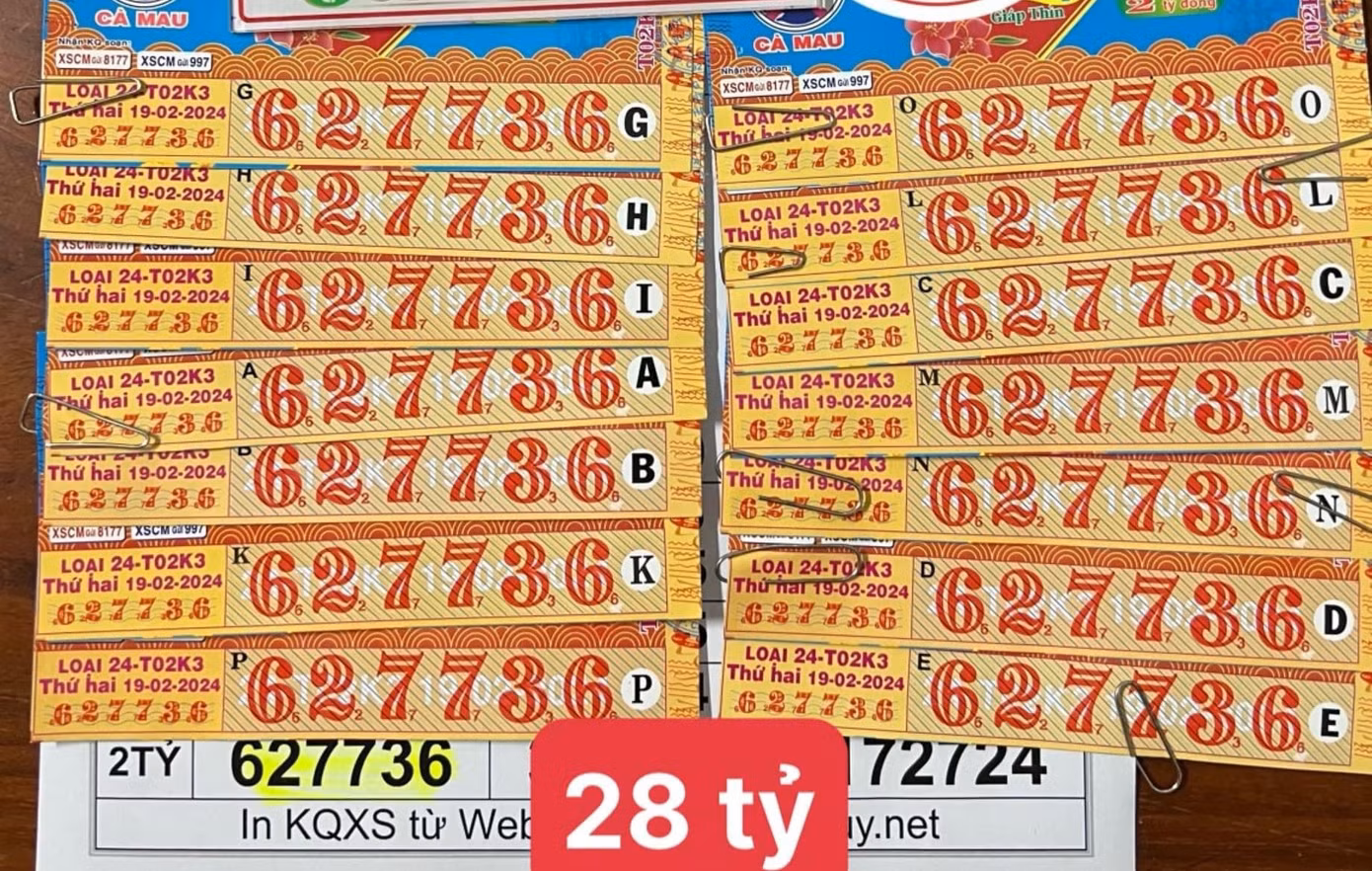 Hình ảnh 14 tờ vé số trúng giải đặc biệt do Xổ số Cà Mau phát hành.
