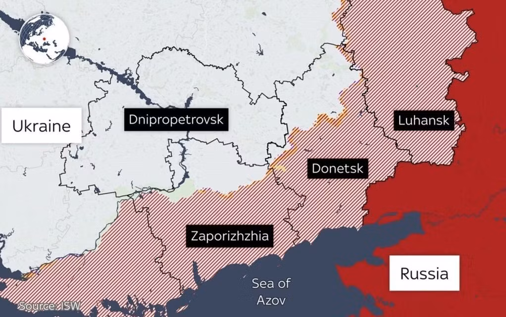 Tỉnh Dnipropetrovsk giáp hai tỉnh Nga tuyên bố sáp nhập nhưng Ukraine không công nhận là Donetsk và Zaporizhzhia. (Bản đồ: Sky News)