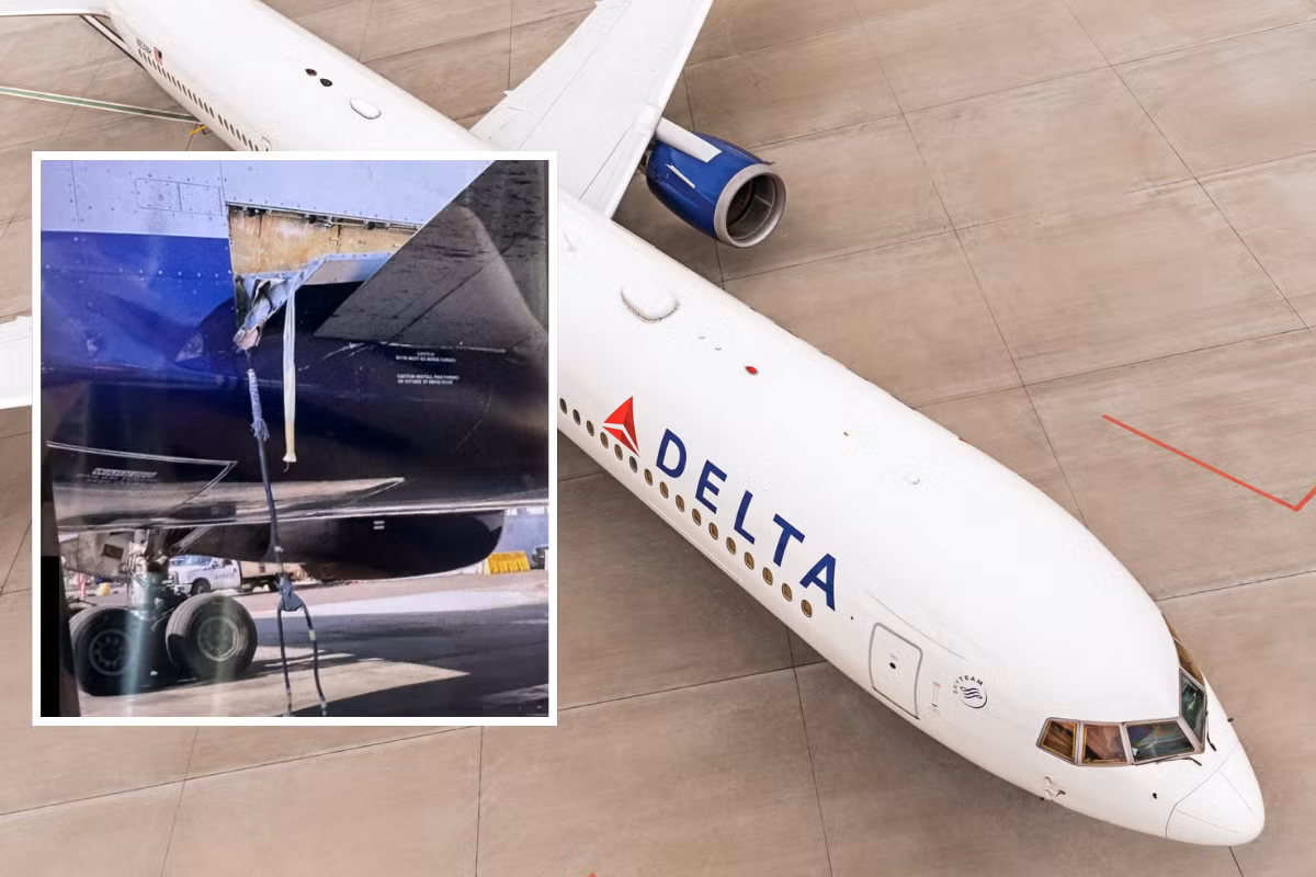 Cầu trượt thoát hiểm bị rơi trên máy bay Boeing 767. Ảnh: PYOK.