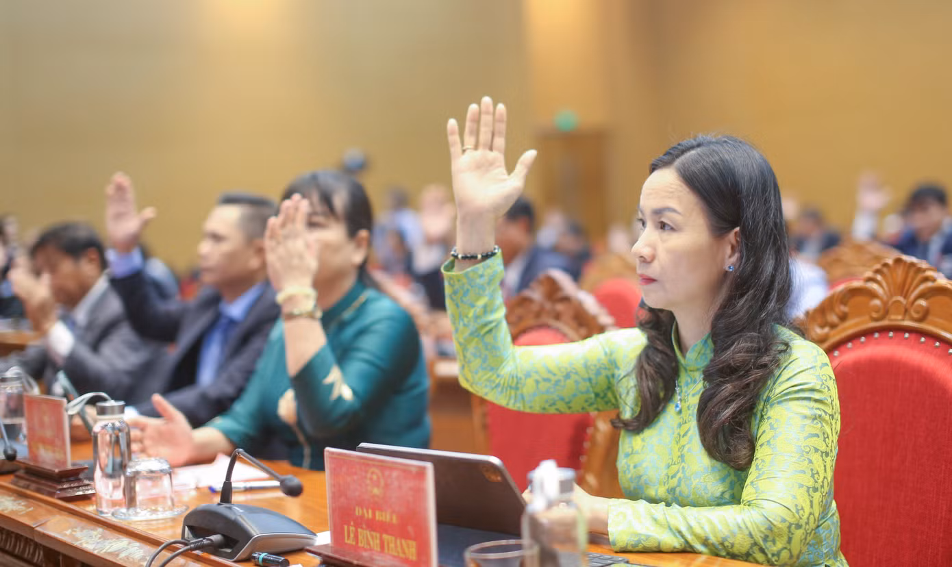 Các đại biểu thông qua nghị quyết. Ảnh: Trương Định Các đại biểu thông qua nghị quyết. Ảnh: Trương Định