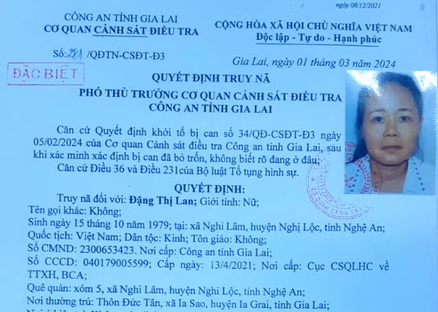 Quyết định truy nã của Cơ quan Cảnh sát Điều tra, Công an tỉnh Gia Lai