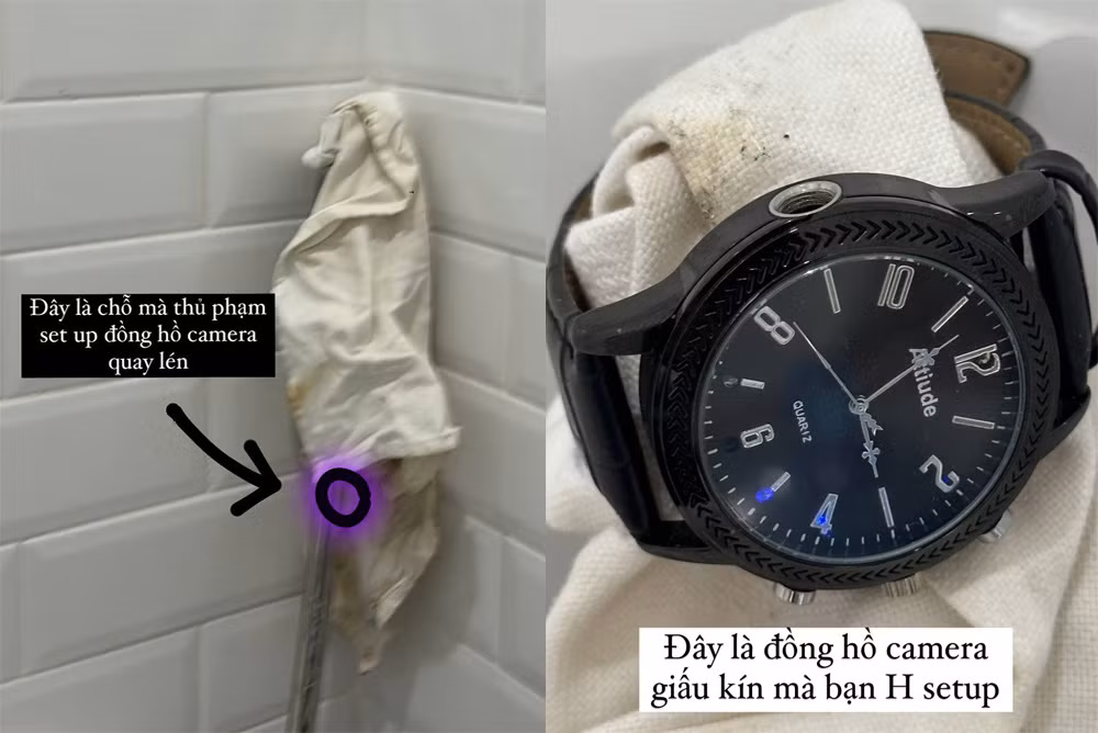 Đồng hồ quay lén được phát hiện trong nhà vệ sinh. Ảnh Facebook Chau Bui.