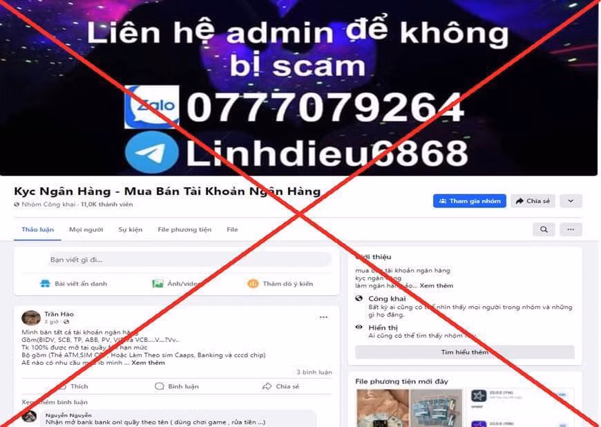 Dịch vụ mua bán tài khoản ngân hàng công khai trên mạng xã hội.