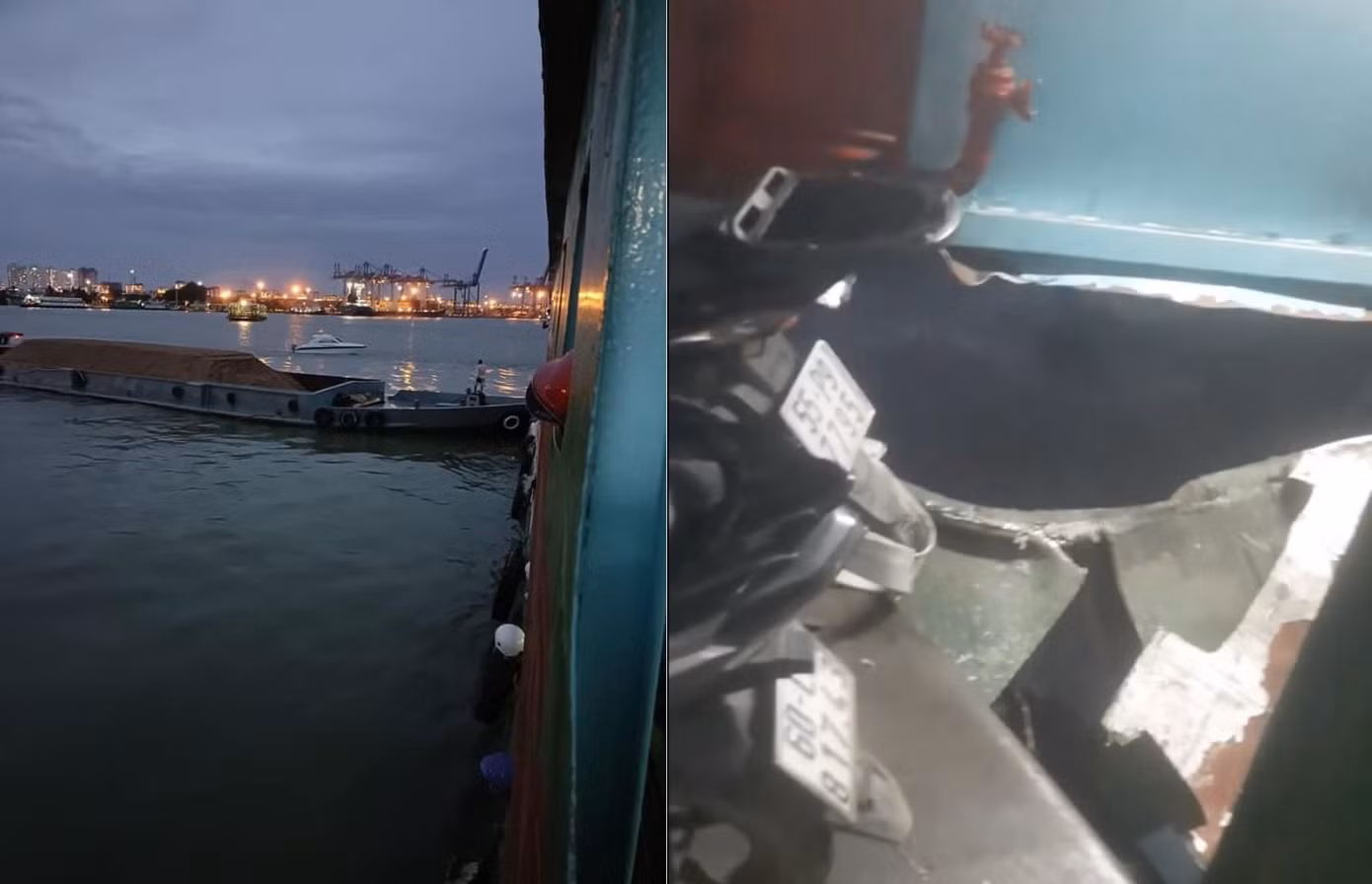 Sà lan tông vào mạn bên hông của phà chở khách (ảnh trái) và vị trí nơi xảy ra vụ va chạm.