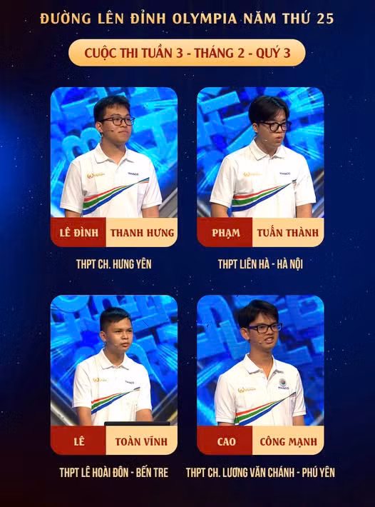 Bốn thí sinh tài ba quy tụ tại Tuần 3 - Tháng 2 - Quý 3, Đường Lên Đỉnh Olympianăm thứ 25. Ảnh: Fanpage Đường Lên Đỉnh Olympia