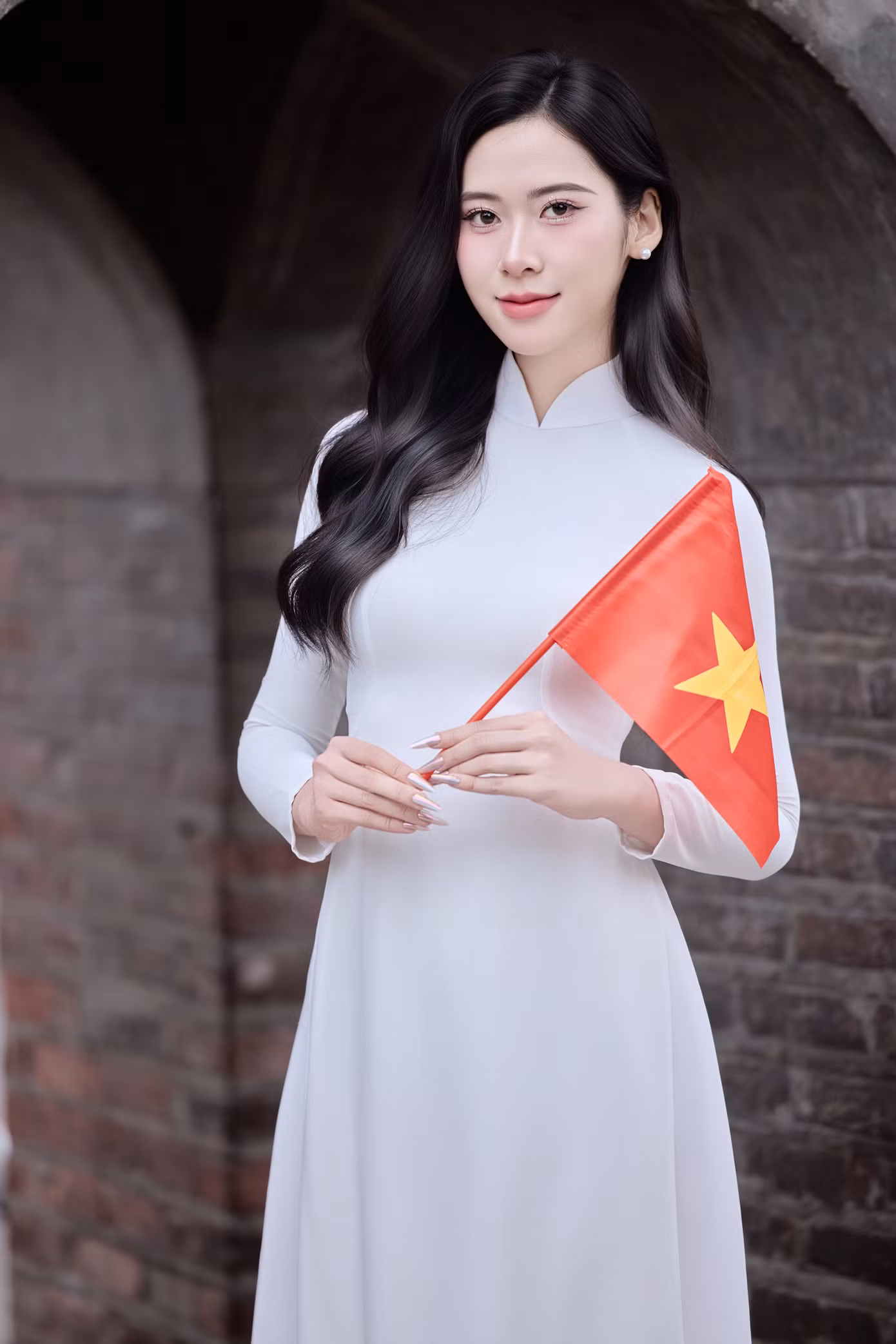 Nhân dịp đại lễ 30/4, thí sinh Hoàng Quý Lan (SBD 975) thực hiện bộ ảnh áo dài trắng với cờ đỏ sao vàng tại Hồ Gươm.