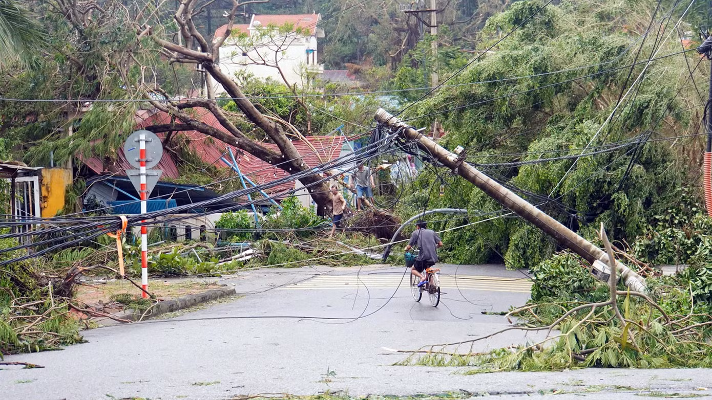 Hệ thống cột điện, dây thông tin bị bão quật đổ khắp nơi, chắn trước nhà dân và các tuyến đường dân sinh.
