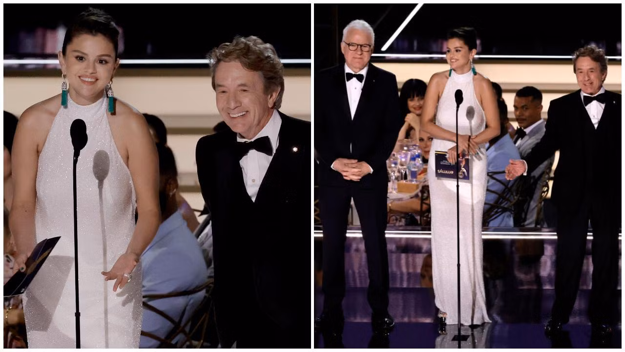 Selena Gomez lên sân khấu giải Emmy với đầm trắng của Celine, nhưng dưới ánh đèn, lớp lót phản chủ đã lộ ra bị xộc xệch bên trong.