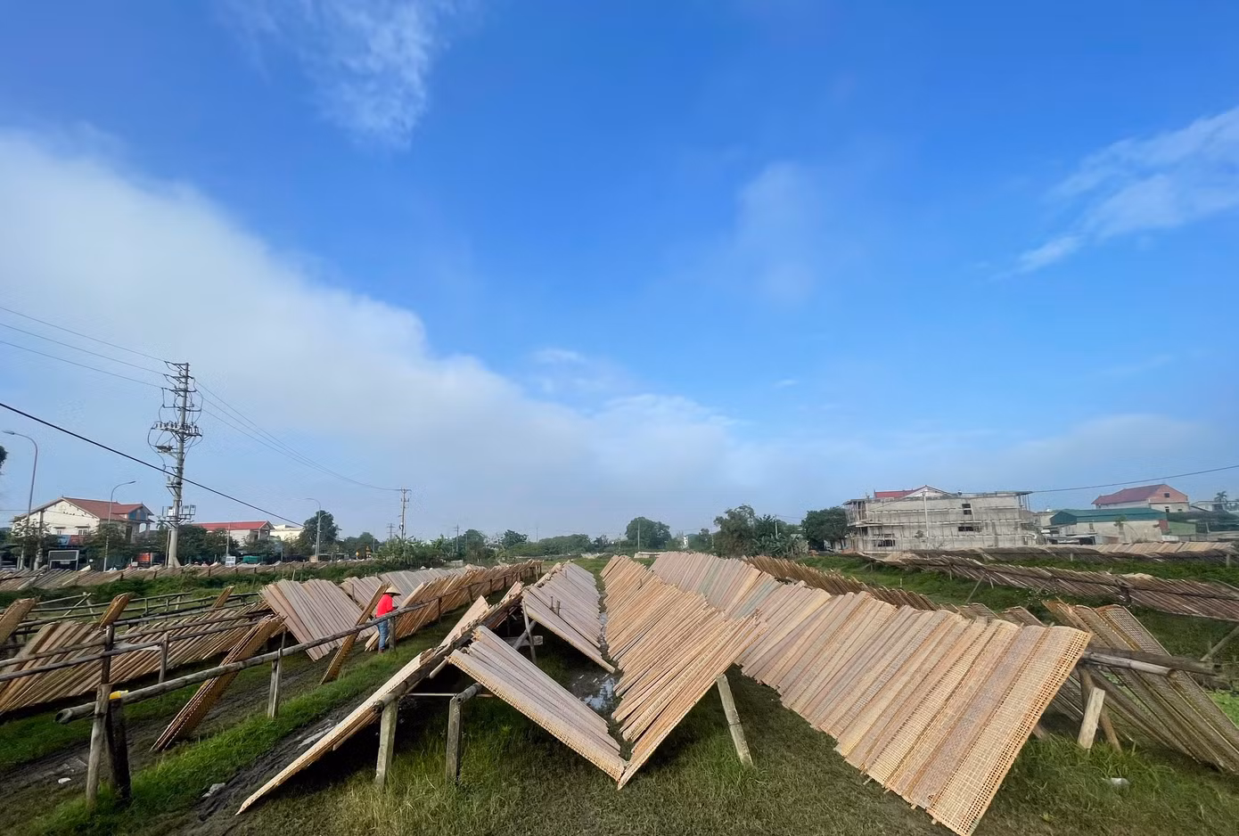 Các phên nứa phơi bánh được người dân tận dụng ở những khu đất rộng rãi, sạch sẽ để “đón nắng”.