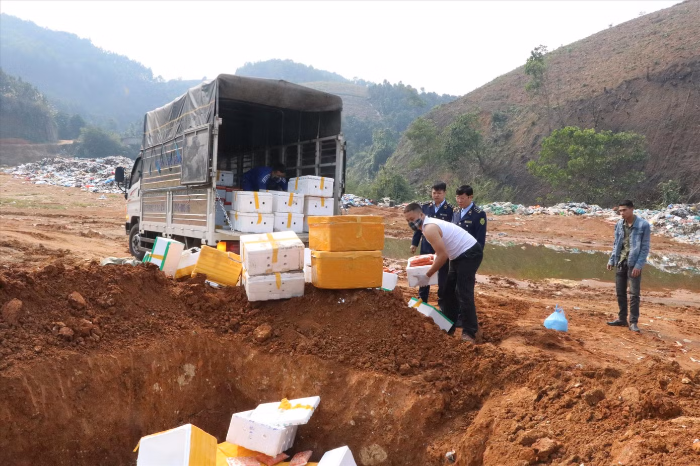 Lực lương QLTT Yên Bái vừa tiêu hủy hơn 7.500 kg thực phẩm đông lạnh không rõ nguồn gốc