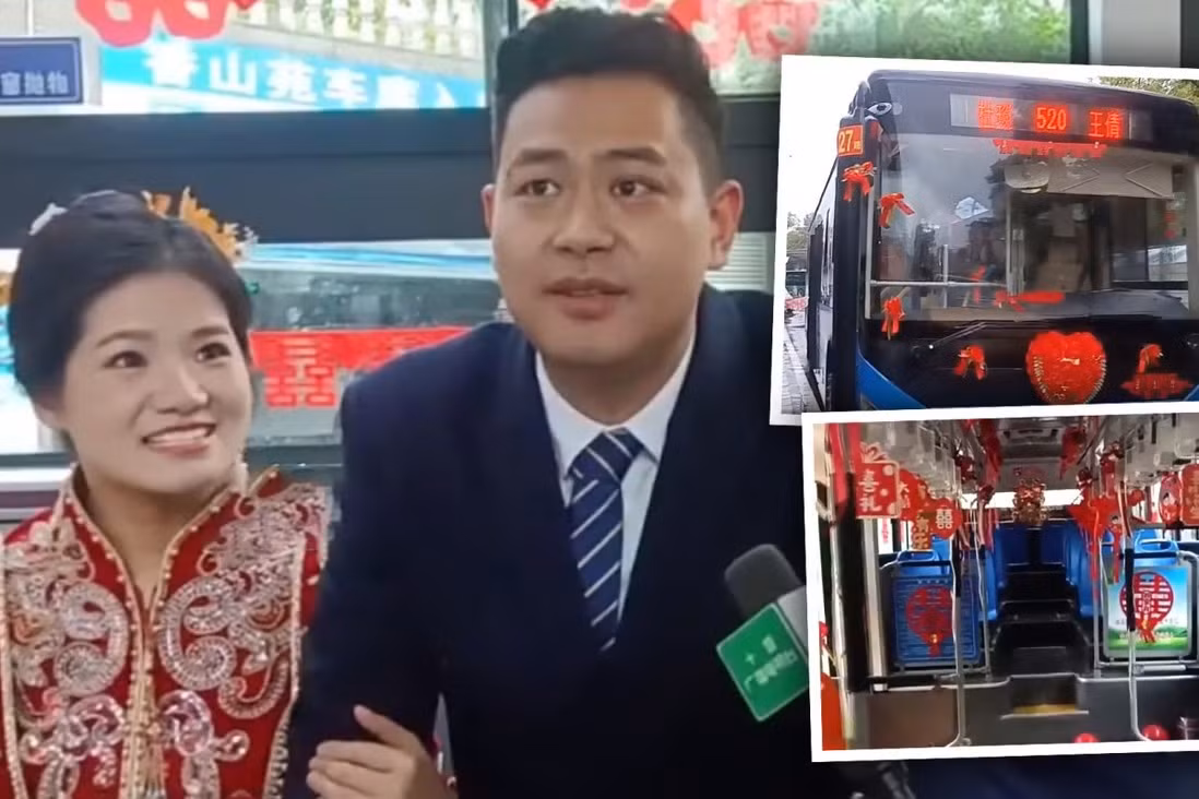 Hình ảnh trong đám cưới của vợ chồng ở Hồ Bắc trên xe buýt điện.