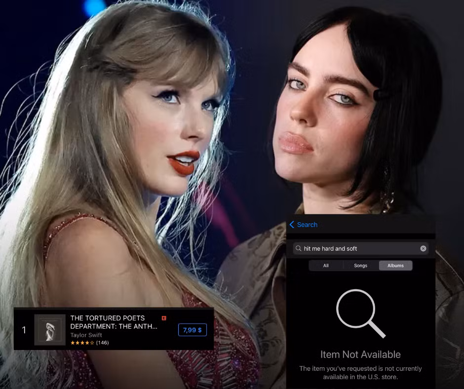 Album của Billie bất ngờ bị "bay màu" khỏi iTunes, giúp album của Taylor vươn lên vị trí số 1.