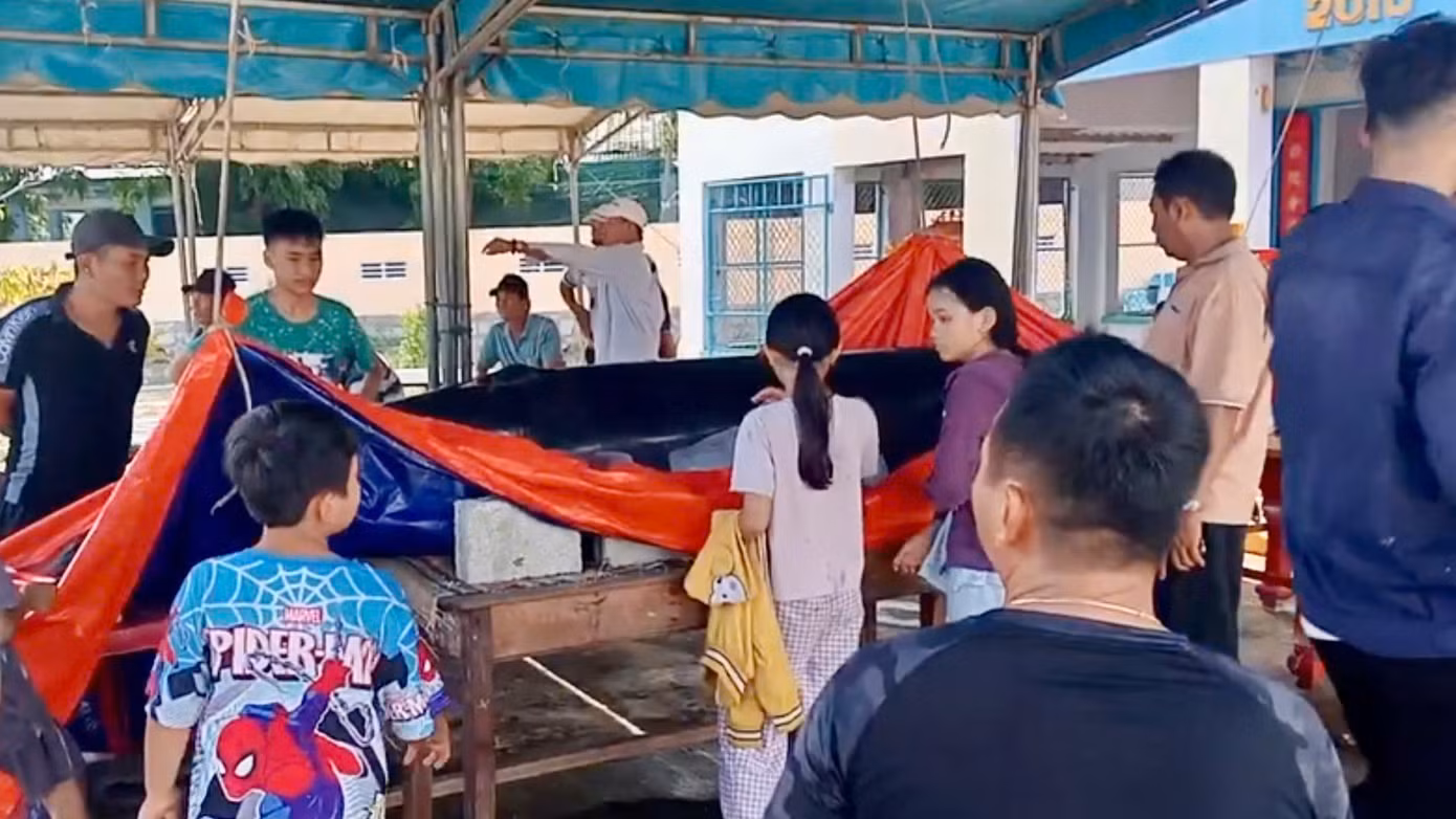Xác cá voi được đưa về lăng để làm các thủ tục an táng theo nghi lễ truyền thống