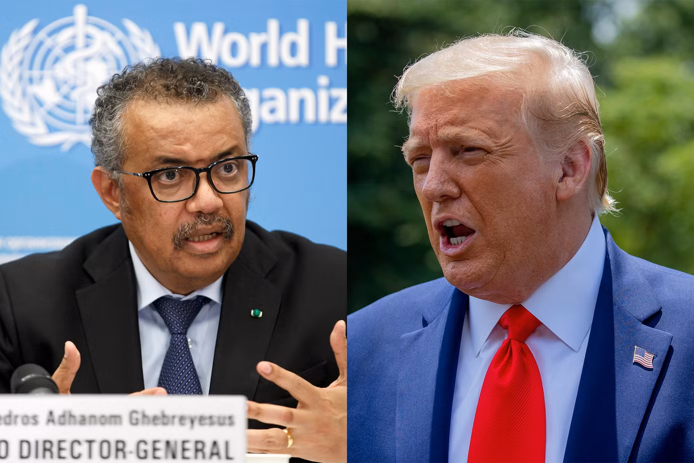 Tổng thống Mỹ Donald Trump (phải) ngày 21/1/2025 ký sắc lệnh hành pháp về việc Mỹ sẽ rời khỏi Tổ chức Y tế Thế giới, hiện do Tổng giám đốc Tedros Adhanom Ghebreyesus (trái) lãnh đạo. Mỹ là một trong những nhà tài trợ tài chính lớn nhất của tổ chức này, đóng vai trò trung tâm trong phản ứng với đại dịch toàn cầu COVID-19. Ảnh: AP.