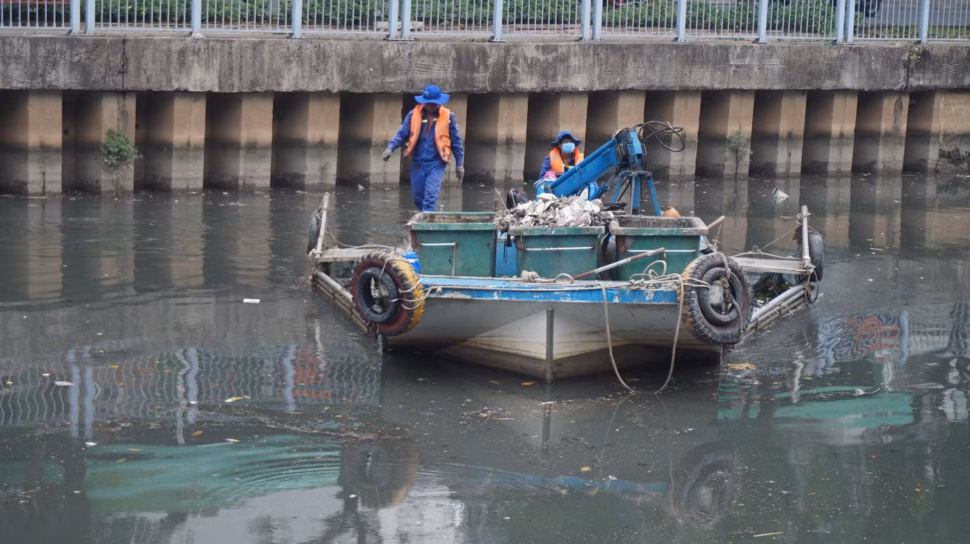 Công nhân hì hục vớt cá chết dưới kênh.