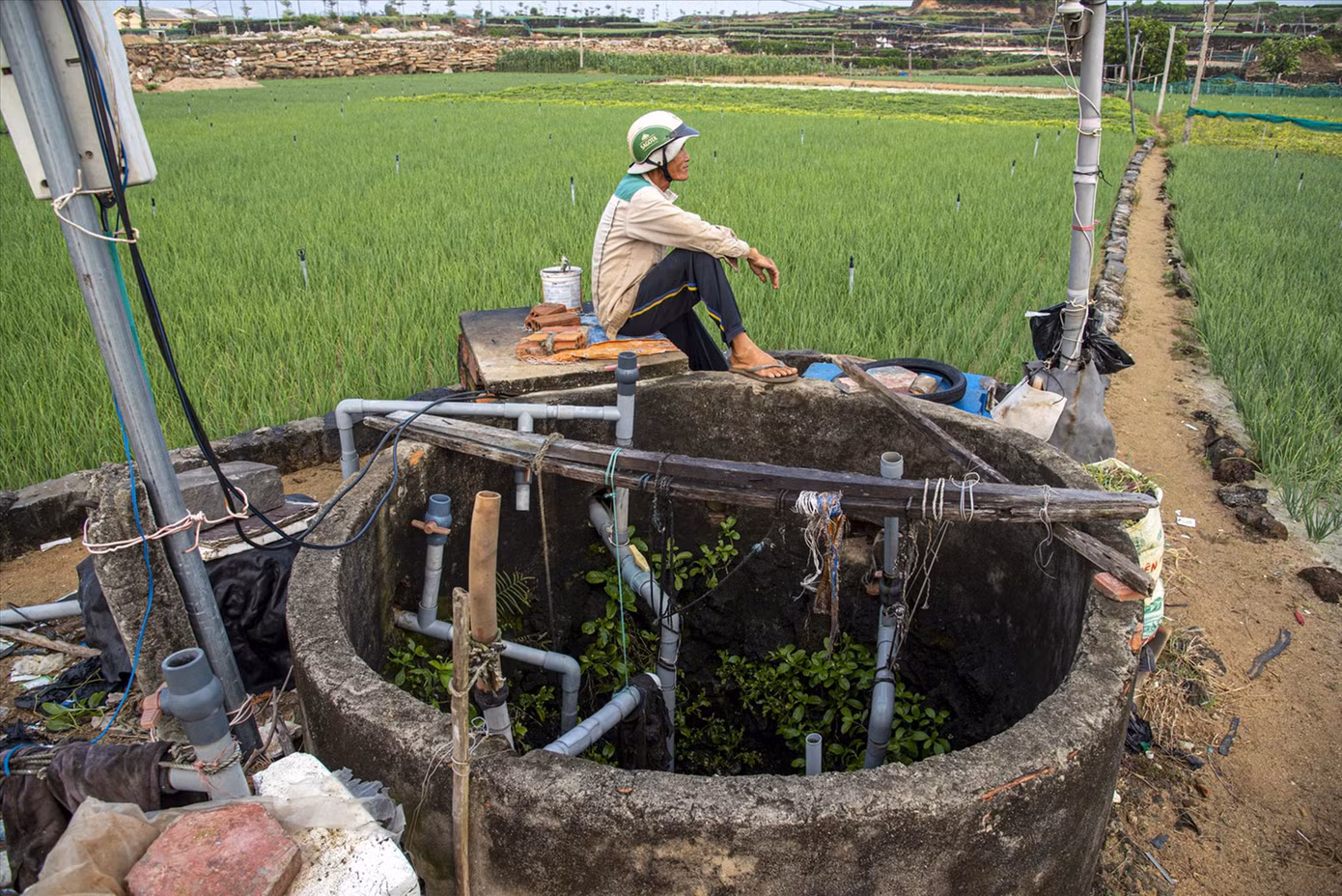 Lão nông Võ Hiển Vinh đang chờ bơm chạy vài phút rồi lại đi giếng khác bật cầu dao Ảnh: Văn Chương